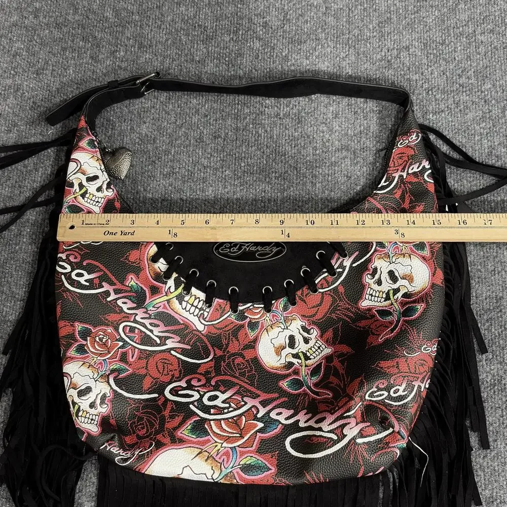 Ed Hardy Hobo Bag Womens Large Red Black Skull Rose Fringe Adjustable Print Y2K